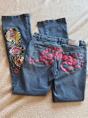 Ed Hardy Tattoo Graphic Bootcut Jeans Y2K Pink Logo Skull Rose Butterfly Size 28
